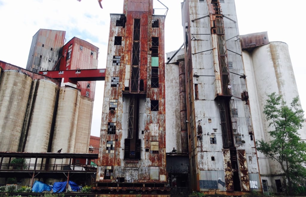 Grain elevators and silos from heyday of Buffalo NY grain port