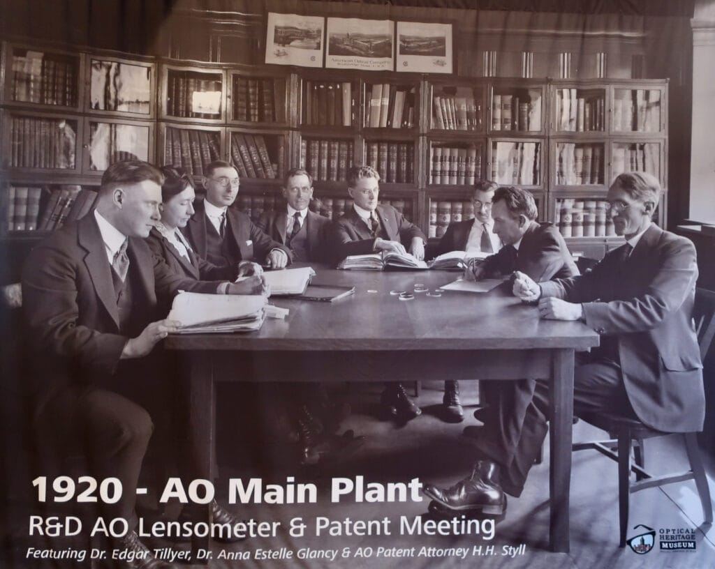 1920 Patent Meeting at American Optical Co. with one woman scientist, Dr. Anna Glancy