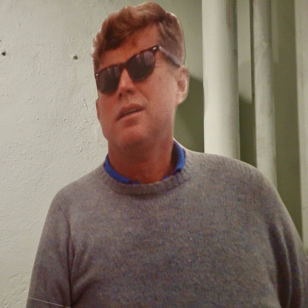 Photo of JFK wearing American Optical sunglasses at Optical Heritage Museum, Southbridge MA