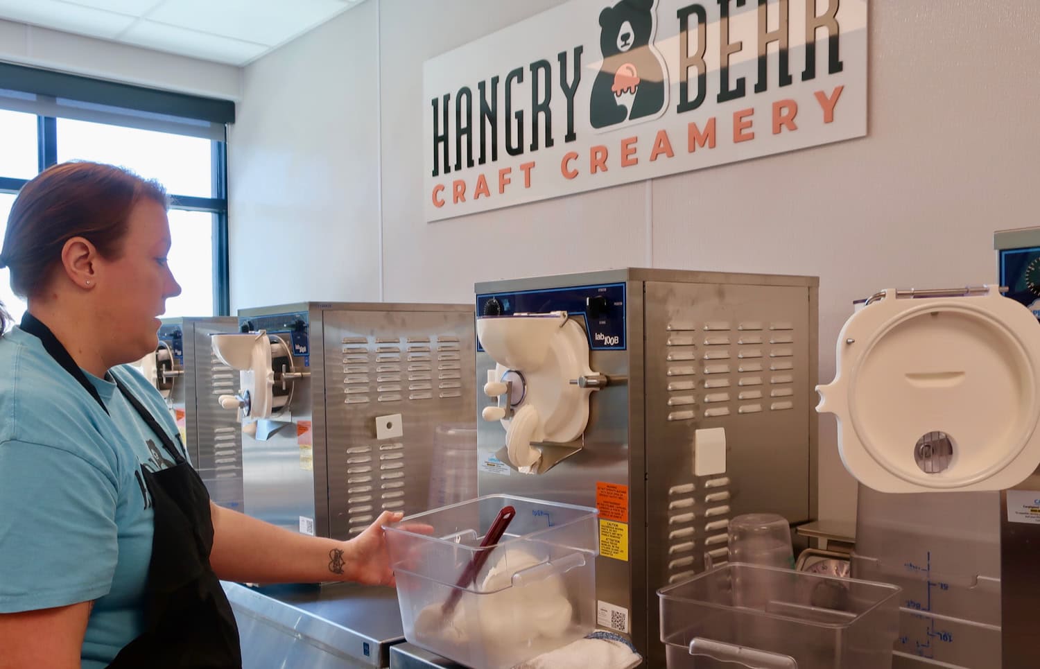 Melinda Shaw at Ice Cream freezer, Hangry Bear Creamery PA