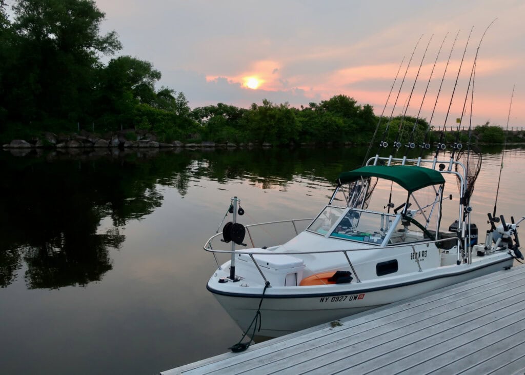 Fishing boat in Oak Orchard River Point Breeze Lake Ontario