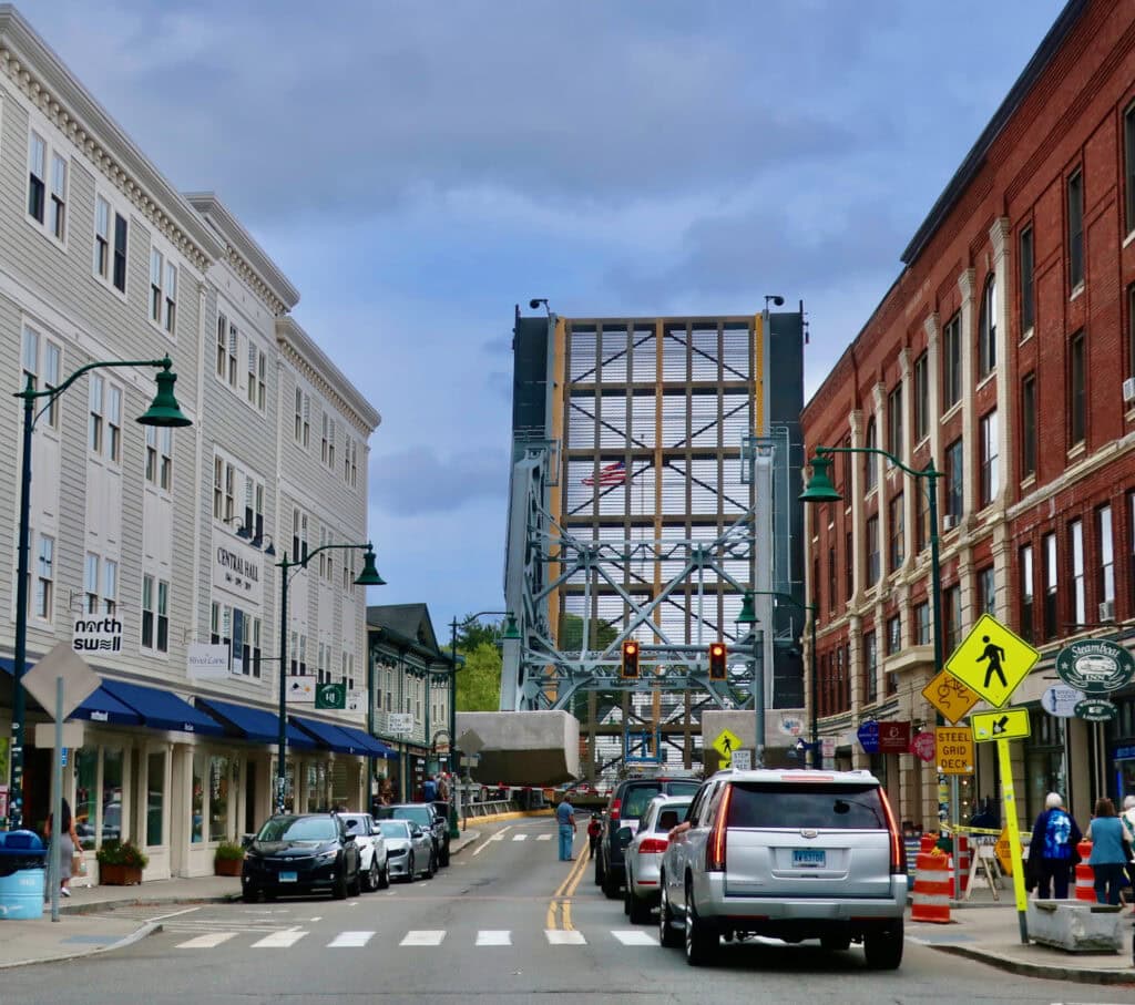 Downtown Mystic CT with bridge in upright position.