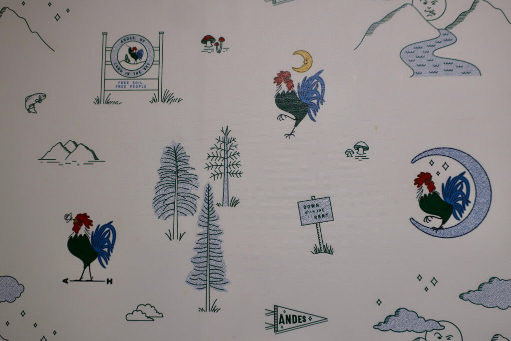 Rooster-themed wallpaper in Andes Hotel bathrooms