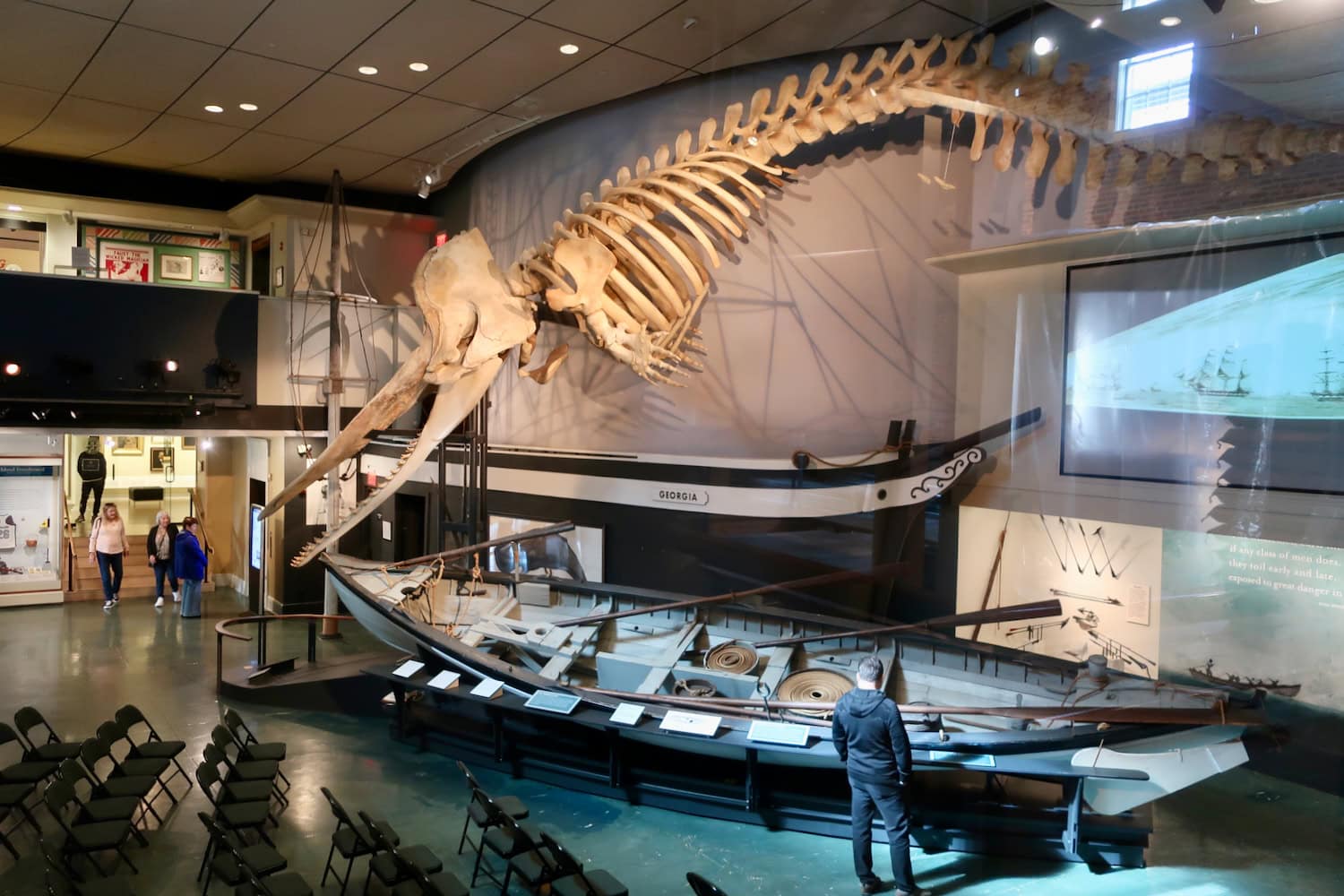 Nantucket Whaling Museum interior room with whale skeleton.