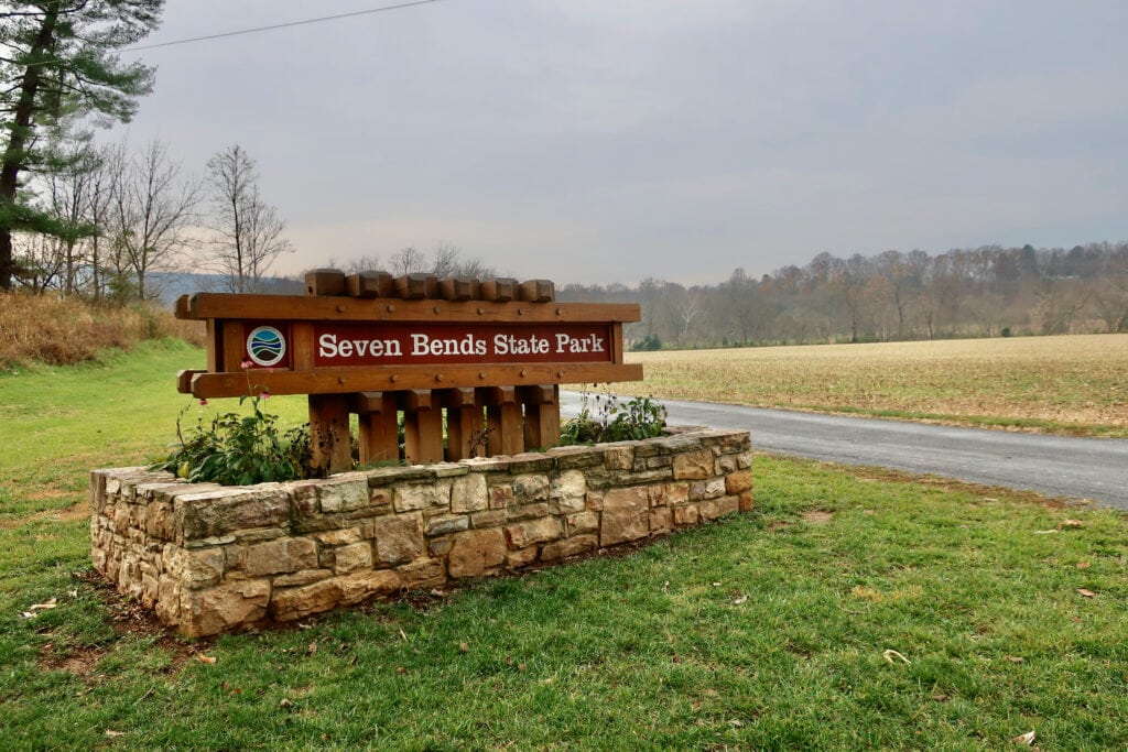 Seven Bends State Park Woodstock VA sign