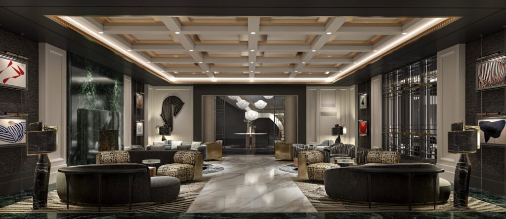 Rendering of Sofitel NY lobby, late 2025